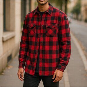 VSTR Premium Mens Red & Black Plaid Sherpa-Lined Button-Up Flannel Shirt Size M